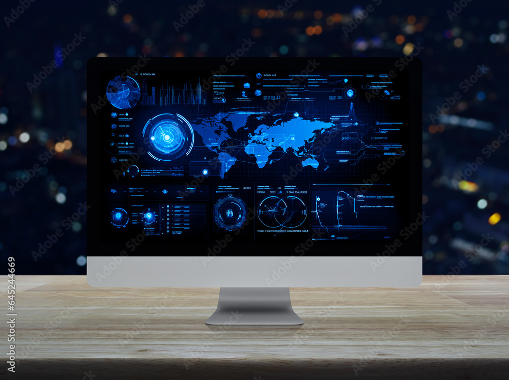 Computer with digital world map with data charts and stats screen on ...