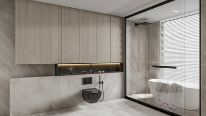 Wall Mural - 3d render modern bathroom full scene interior 