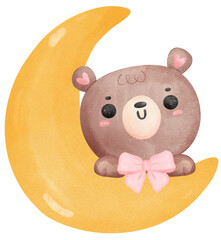 Wall Mural - baby shower bear, teddy bear girl on crescent