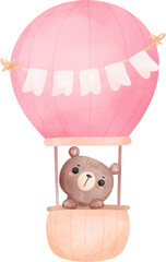 Wall Mural - baby shower bear, teddy bear girl in hot balloon