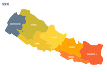 Nepal Political Map Of Administrative Divisions - Provinces. Colorful Spectrum Political Map With Labels And Country Name.
