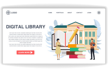 Wall Mural - a woman reading a book. website page digital library. modern flat design concept of web page design 