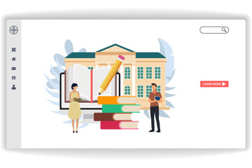 Wall Mural - a woman reading a book. website page digital library. modern flat design concept of web page design 