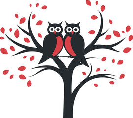 Wall Mural - two owls sitting on the tree vector illustration on isolated background, two owls sitting on the tree for sticker and wall art