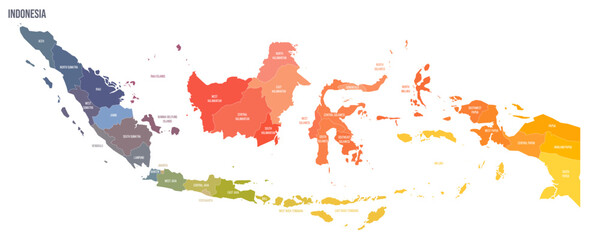Poster - Indonesia political map of administrative divisions - provinces and special regions. Colorful spectrum political map with labels and country name.