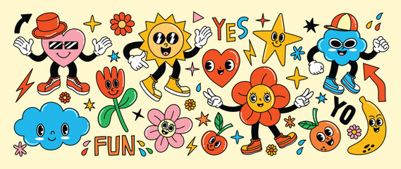 Sticker - Set of 70s groovy element vector. Collection of cartoon characters, doodle smile face, heart, sun, flower, cloud, banana, cherry. Cute retro groovy hippie design for decorative, sticker, kids.