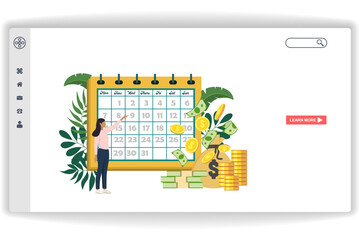 Wall Mural - a woman is pointing to the calendar. website page business investment. modern flat design concept of