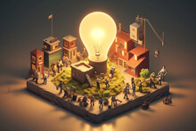 Miniature Cartoons People With Light Bulb In The City. 3d Illustration. Generative Ai