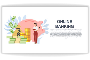 Wall Mural - a woman holding a document. website page online banking. modern flat design concept of web page desi