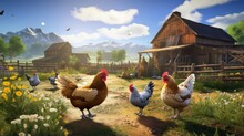 A Vibrant Village Scene Chickens Roams Freely Through A Lush Green Pasture Bathed In Golden Sunlight