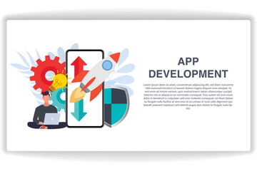 Wall Mural - a man was sitting looking at a laptop. website page app development. modern flat design concept of w