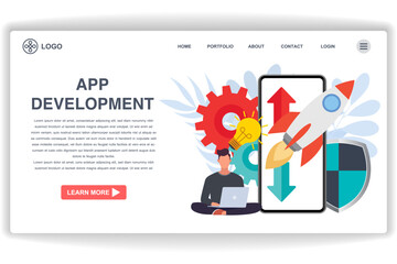 A man was sitting looking at a laptop. website page App Development. Modern flat design concept of web page design for website and mobile website