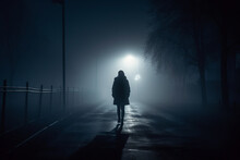 Silhouette Of A Woman Walking On The Street In The Fog At Night Generative Ai