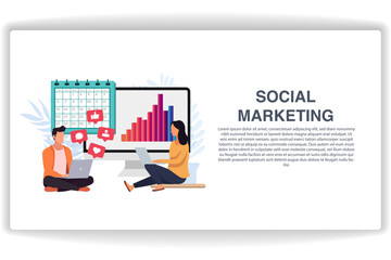 Wall Mural - a man and a woman sat looking at the laptop. website page social marketing. modern flat design conce