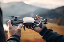 Hand Holding Starting Guiding Compact Aerial Drone Flight. Advanced Filming Shooting Travel Equipment Action Camera Innovative Professional Technology Flying Machine Ready Take Off During Golden Hour