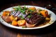 Jewish-style braised brisket with onions and carrots. Generative AI
