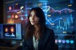 © Rudsaphon - Portrait of businesswoman looking at camera while standing in front of computer monitor with stock market chart.Generative Ai
