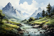 © ako-photography - Beautiful mountain landscape with river and forest. Watercolor painting illustration.