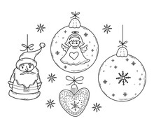 Collection Of Christmas Balls Toys. Ball With Cute Angel, Santa Claus With Heart Toy. Vector Illustration. Isolated Outline Hand Drawing. Xmas, New Year Design, Coloring. Cute Kids Collection