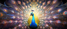 Panorama  Of Peacock With Feathers Out.AI Generated.