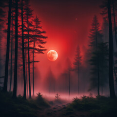 Wall Mural - forest fog scenery with big red moon