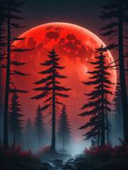 Wall Mural - forest fog scenery with big red moon