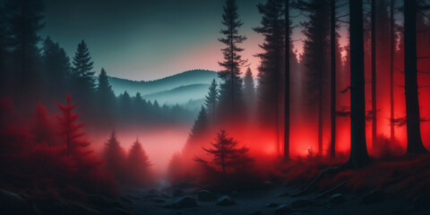Wall Mural - forest scenery with red fog