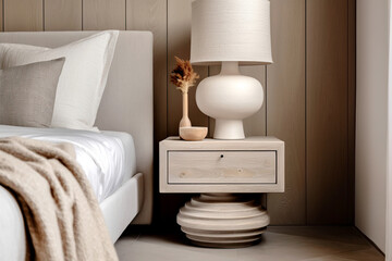 Accent bedside cabinet near bed against wood paneling wall. French country interior design of modern bedroom.