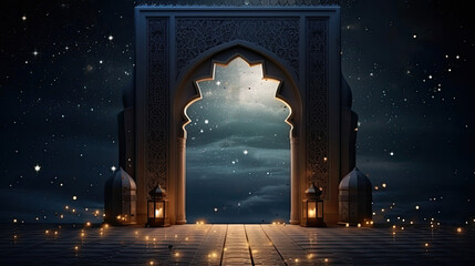 Wall Mural - Ramadan celebration illustration template with Arabic lantern. copy space. banner  decoration background. 