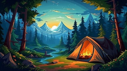 night scene of a tent, forest and mountains.