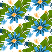 A Pattern Of Passionflower And Tropical Leaves On A White Background. Botanical Background With Blue Flowers And Green Tropical Leaves. Exotic Vector Texture. Printing On Textiles, Paper