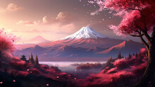 Japan Volcanic Mountains. Asian Scenic With Cherry Trees Mount Fuji. Beautiful Pink Trees