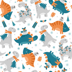 Wall Mural - seamless pattern with christmas dinosaurs. cute dinosaurs with gifts and santa hats. hand drawn vect