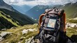 GPS device accompanies trekkers on their backpacks while journeying through the wild expanse of the mountains, phone, turn, trip, science, beacon, orientation, sextant. Generated by AI.