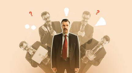Wall Mural - Businessman working on new projects and startup. Deadlines, overworking and motivation. Contemporary art collage. Concept of business, office, employment, success, ambitions, growth, employment