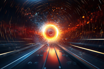 Wall Mural - within a massive particle accelerator, subatomic particles race at near-light speeds, illuminating t