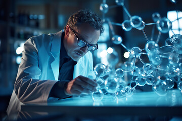 Wall Mural - In a state-of-the-art lab, a chemist focuses intently on colorful molecular structures, delving into the secrets of chemical bonds and reactions