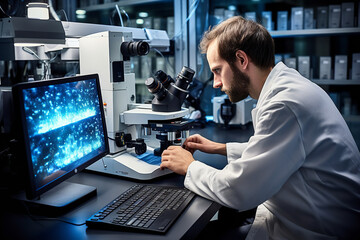 Poster - A biologist's gaze fixates on a monitor displaying cellular organisms magnified by a high-resolution microscope, unlocking microscopic wonders