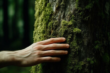 Hand Delicately Touching Moss On A Large Tree Trunk, Reflecting A Profound Connection With Nature And Environmental Responsibility