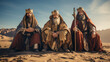 © Keitma - Three people costumed as the three wise men Caspar, Melchior, and Balthasar , sand desert background