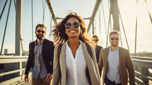 Three Smiling Colleagues Walking To Work On A Big Bridge With Morning Light , Diverse Coworkers Ethnic Group