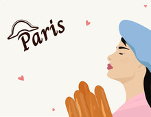 A Beautiful And Attractive Girl In A Beret Holds A Baguette. Woman With Closed Eyes