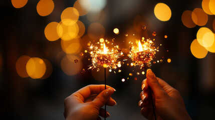 Hands holding sparklers celebrating new year with lights in dark festive background