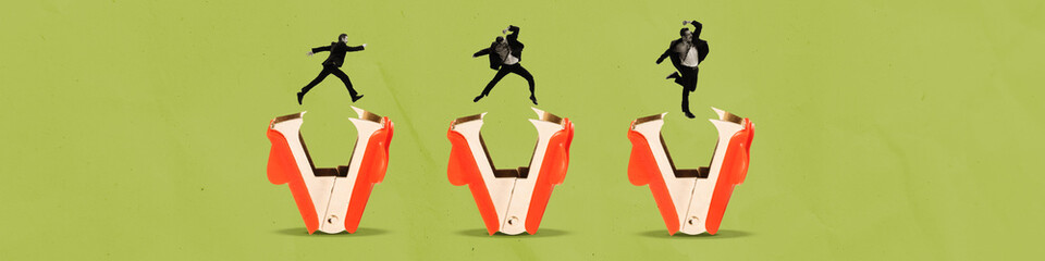 Wall Mural - Ambitious and motivated businessman reaching professional success. Growth and promotion. Contemporary art collage. Concept of business, office, employment, achievement, career development