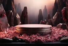 3D Rendering Of Luxury Abstract Background. Podium For Show Product With Pink Stones. Minimal Design With Podium Made Of Natural Stone Slabs