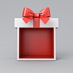 Aufkleber - Blank red gift box exhibition booth mock up stand or gift display showcase with red ribbon bow isolated on grey background minimal conceptual 3D rendering
