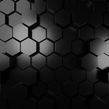 Hexagonal, 3D Mosaic Tiles Arranged In The Shape Of A Wall. Polished, Semi Gloss, Bricks Stacked To Create A Black Block Background. 3D Render