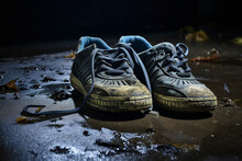  Wet ground and a pair of shoes left in haste evoke a narrative of a person who had to flee urgently, possibly escaping an abusive episode at home