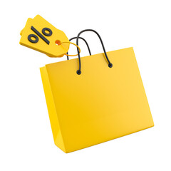 Wall Mural - Flying yellow shopping bag with a percentage tag. Black Friday and sale event concept. 3d rendering.