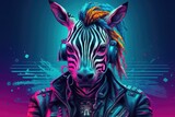 Fototapeta Konie - portrait of zebra in cyberpunk clothes